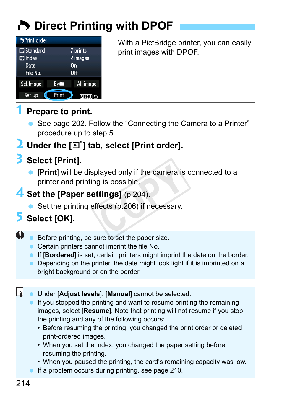 Direct printing with dpof, W direct printing with dpof, C op y | Canon EOS Rebel T3 18-55mm IS II Lens Kit User Manual | Page 214 / 292