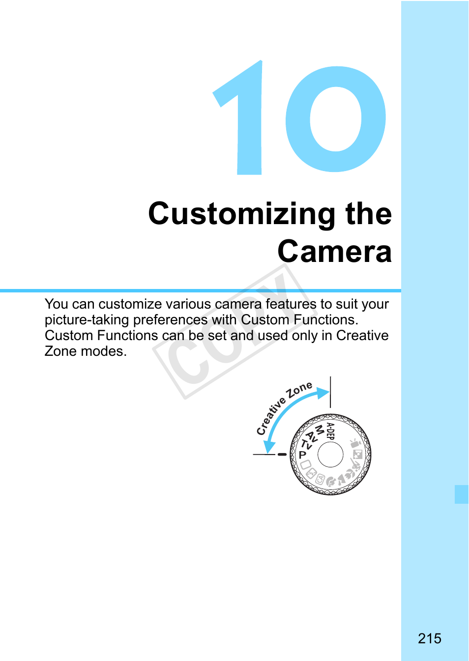 Customizing the camera, Cop y | Canon EOS Rebel T3 18-55mm IS II Lens Kit User Manual | Page 215 / 292