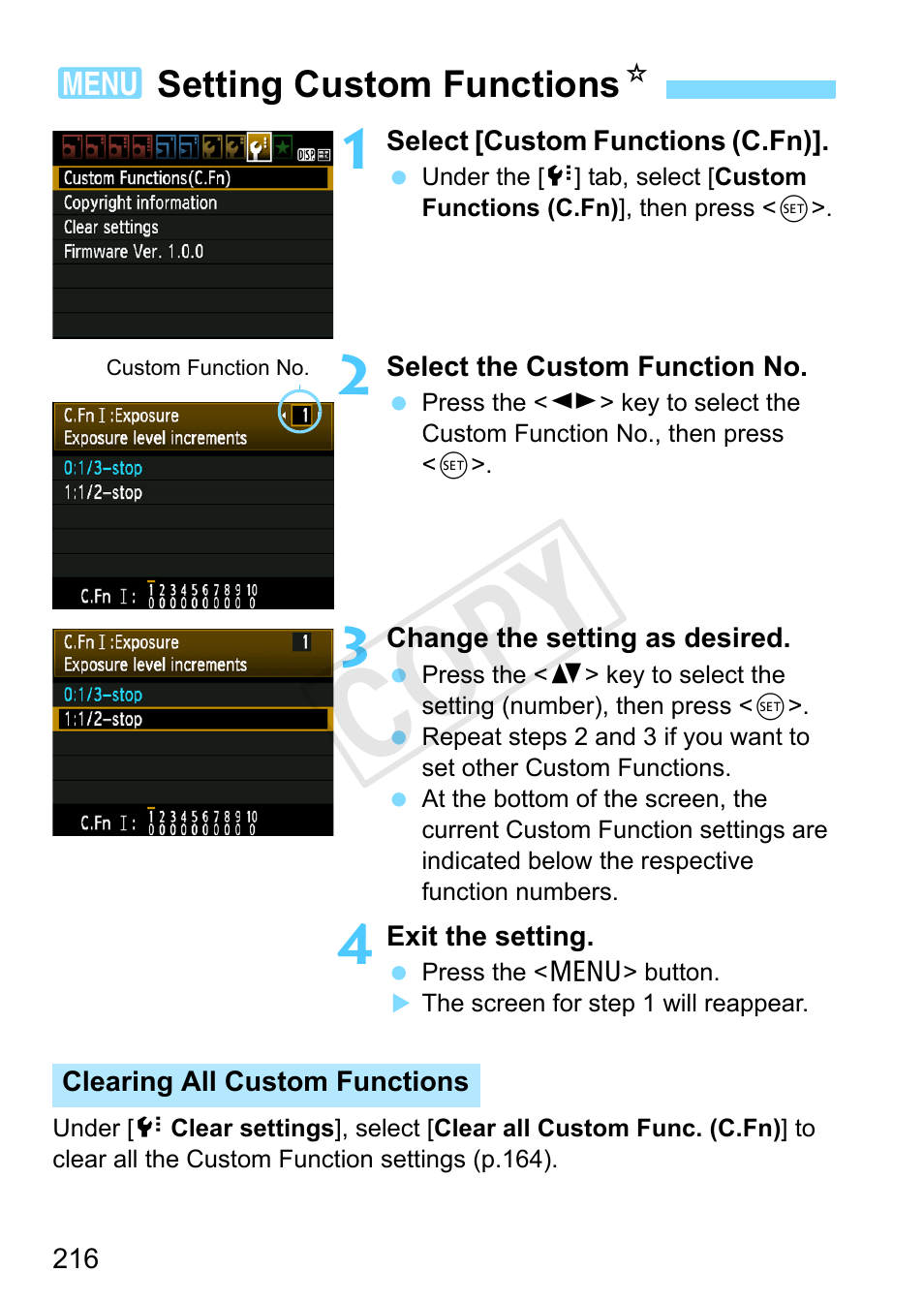 Setting custom functions, Age 216, Cop y | 3setting custom functions n | Canon EOS Rebel T3 18-55mm IS II Lens Kit User Manual | Page 216 / 292