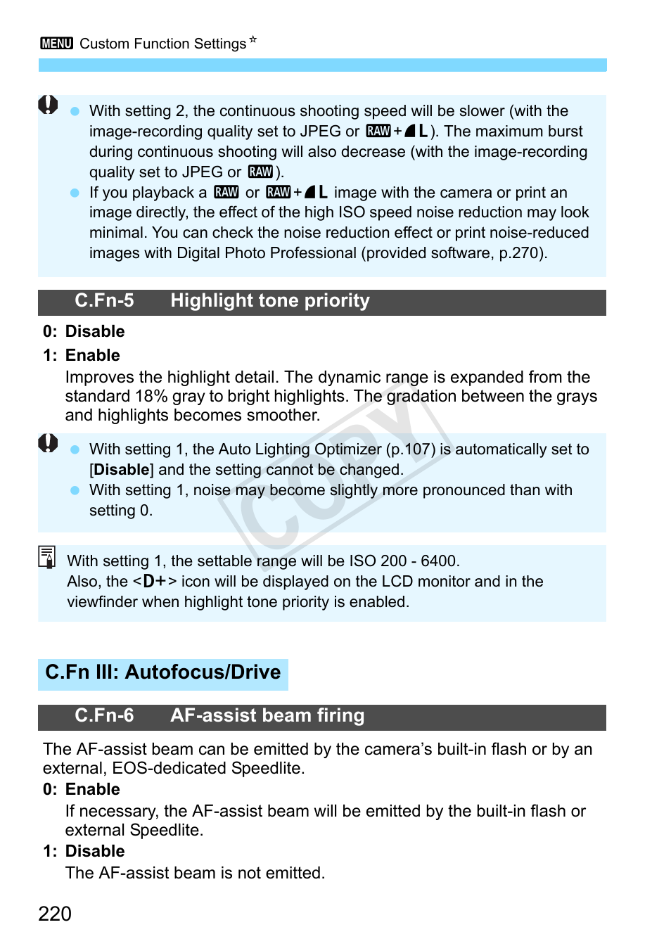 P.220, P.220), Ty* (p.220) | Iso 100 cannot be selected (p.220), Cop y | Canon EOS Rebel T3 18-55mm IS II Lens Kit User Manual | Page 220 / 292