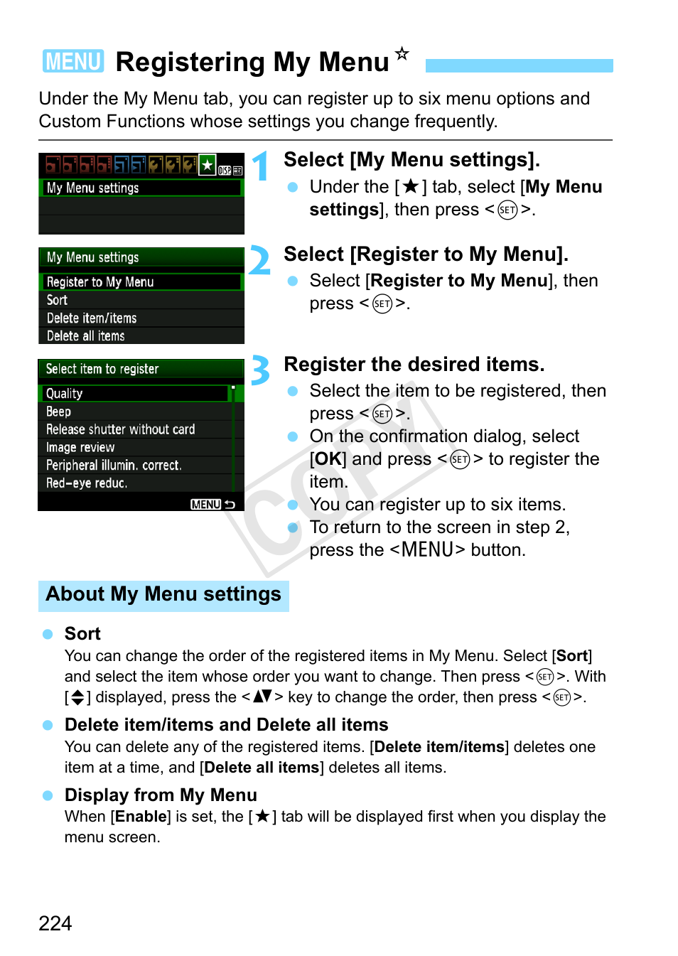 Registering my menu, Cop y, 3registering my menu n | Canon EOS Rebel T3 18-55mm IS II Lens Kit User Manual | Page 224 / 292