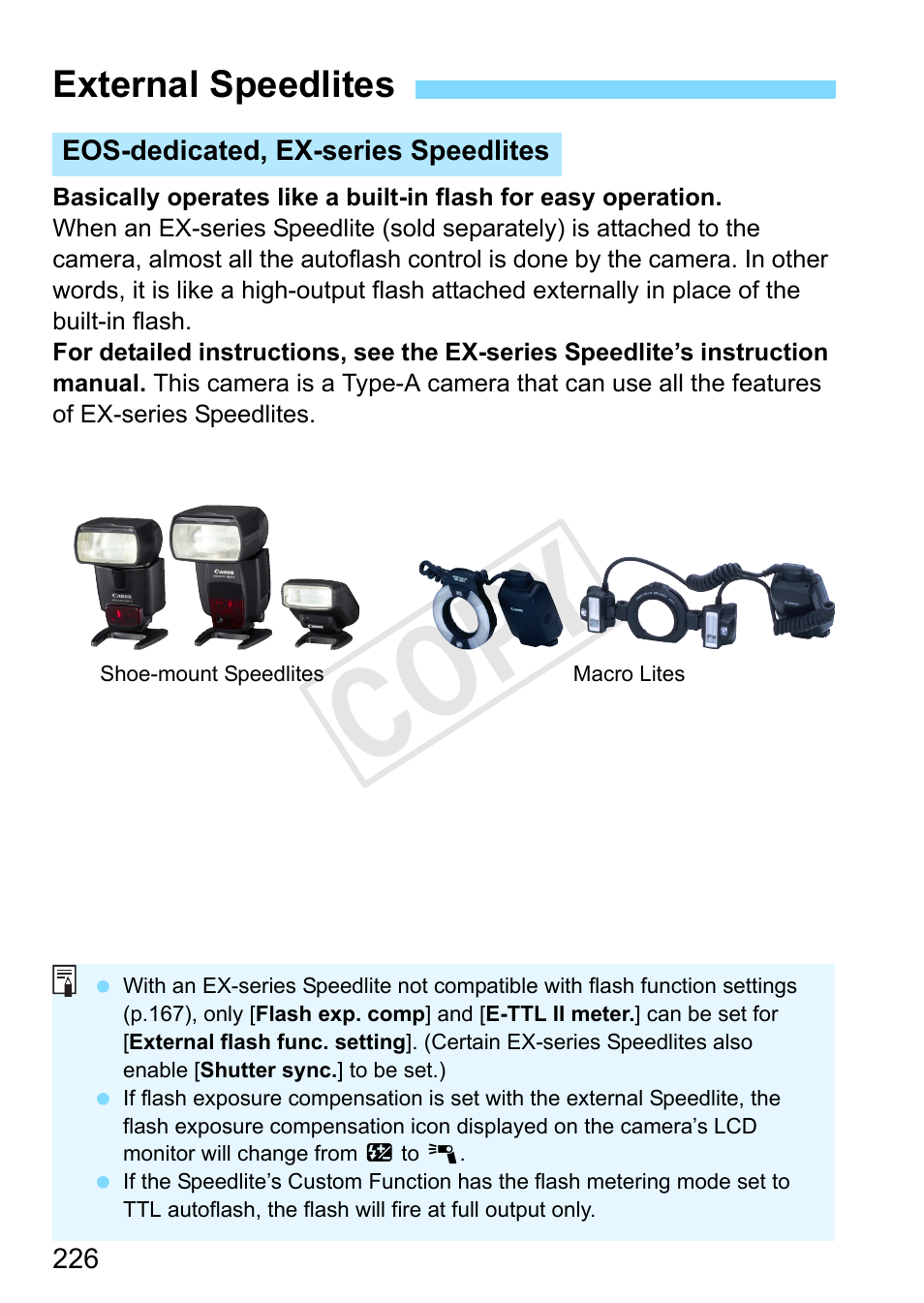 External speedlites, P.226, Hot shoe (p.226) | Cop y | Canon EOS Rebel T3 18-55mm IS II Lens Kit User Manual | Page 226 / 292