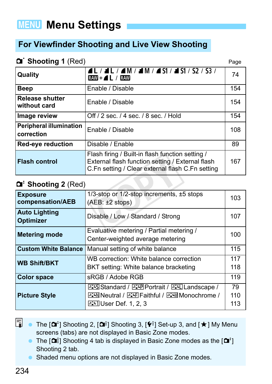 Menu settings, Cop y, 3menu settings | Canon EOS Rebel T3 18-55mm IS II Lens Kit User Manual | Page 234 / 292