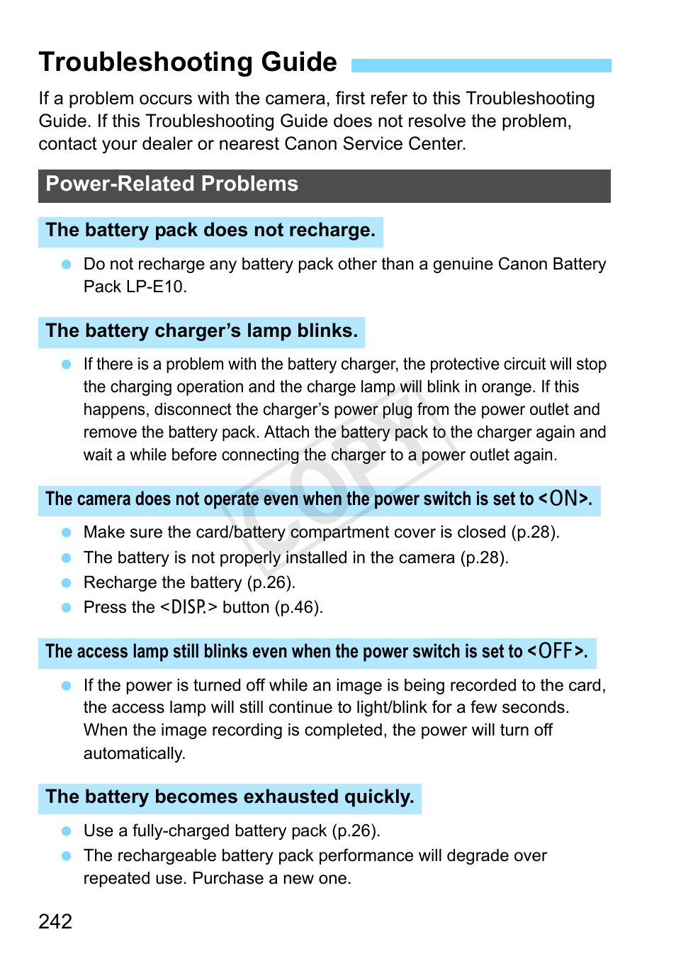 Troubleshooting guide, Cop y | Canon EOS Rebel T3 18-55mm IS II Lens Kit User Manual | Page 242 / 292