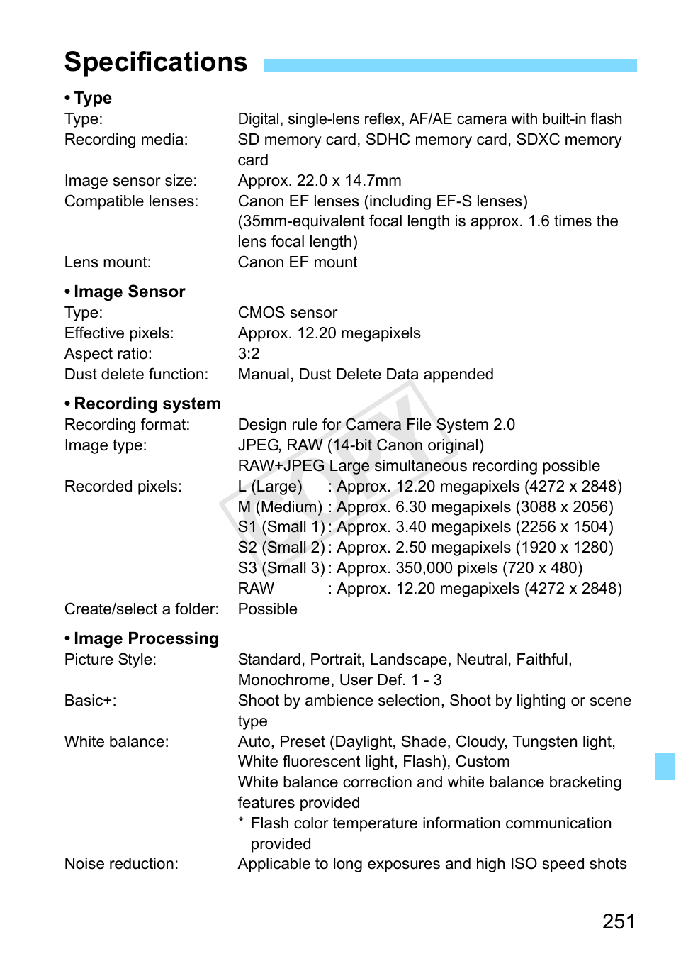 Specifications, Cop y | Canon EOS Rebel T3 18-55mm IS II Lens Kit User Manual | Page 251 / 292