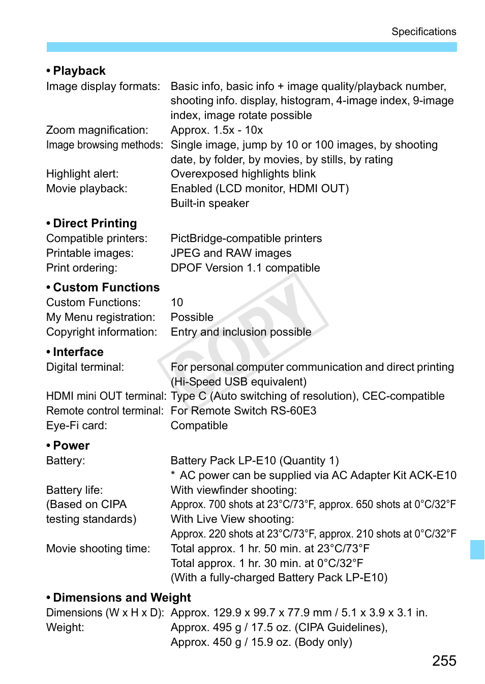 Cop y | Canon EOS Rebel T3 18-55mm IS II Lens Kit User Manual | Page 255 / 292