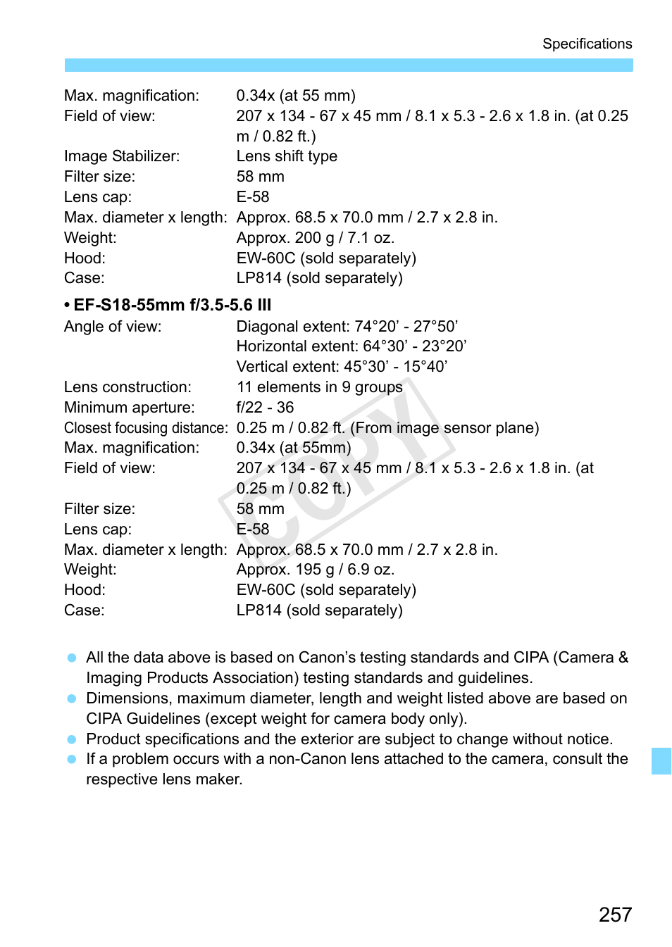 P.257), Front of lens) (p.257), Cop y | Canon EOS Rebel T3 18-55mm IS II Lens Kit User Manual | Page 257 / 292
