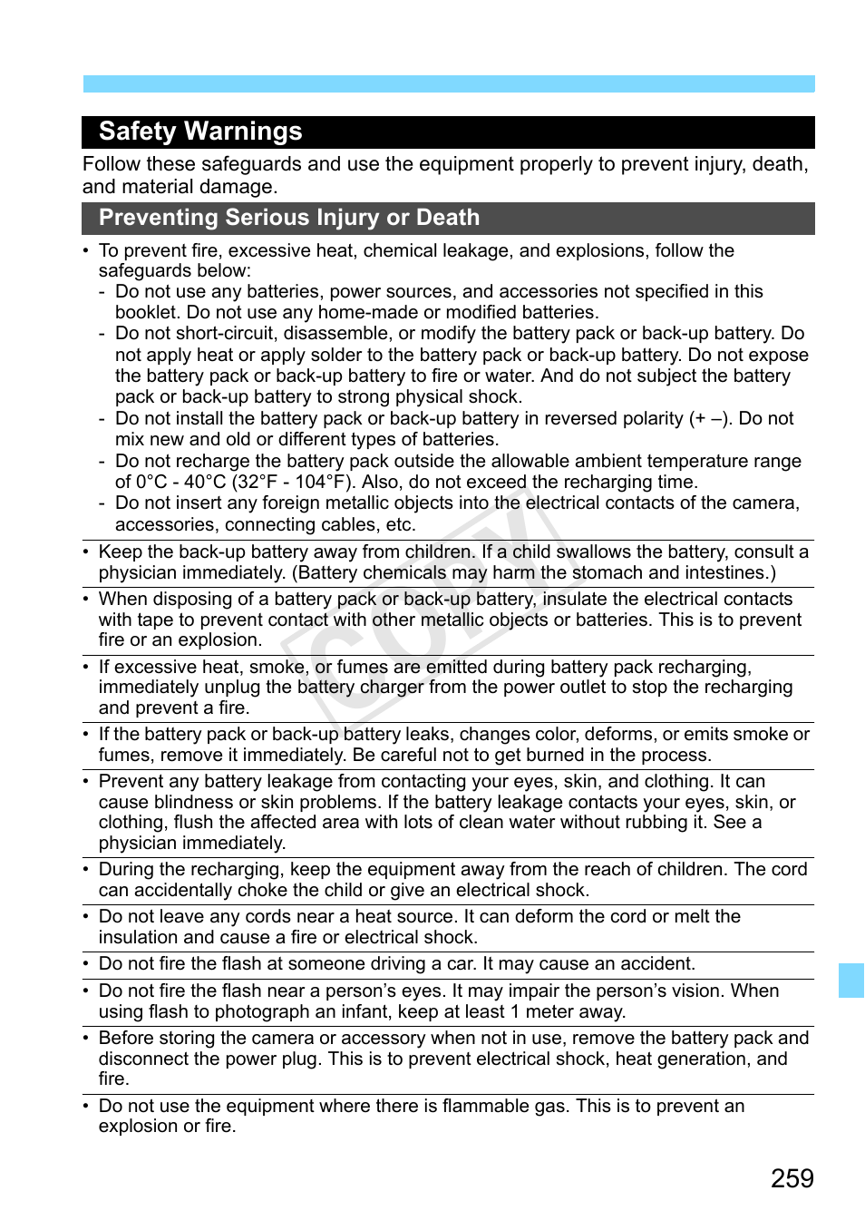 Safety warnings, Cop y | Canon EOS Rebel T3 18-55mm IS II Lens Kit User Manual | Page 259 / 292