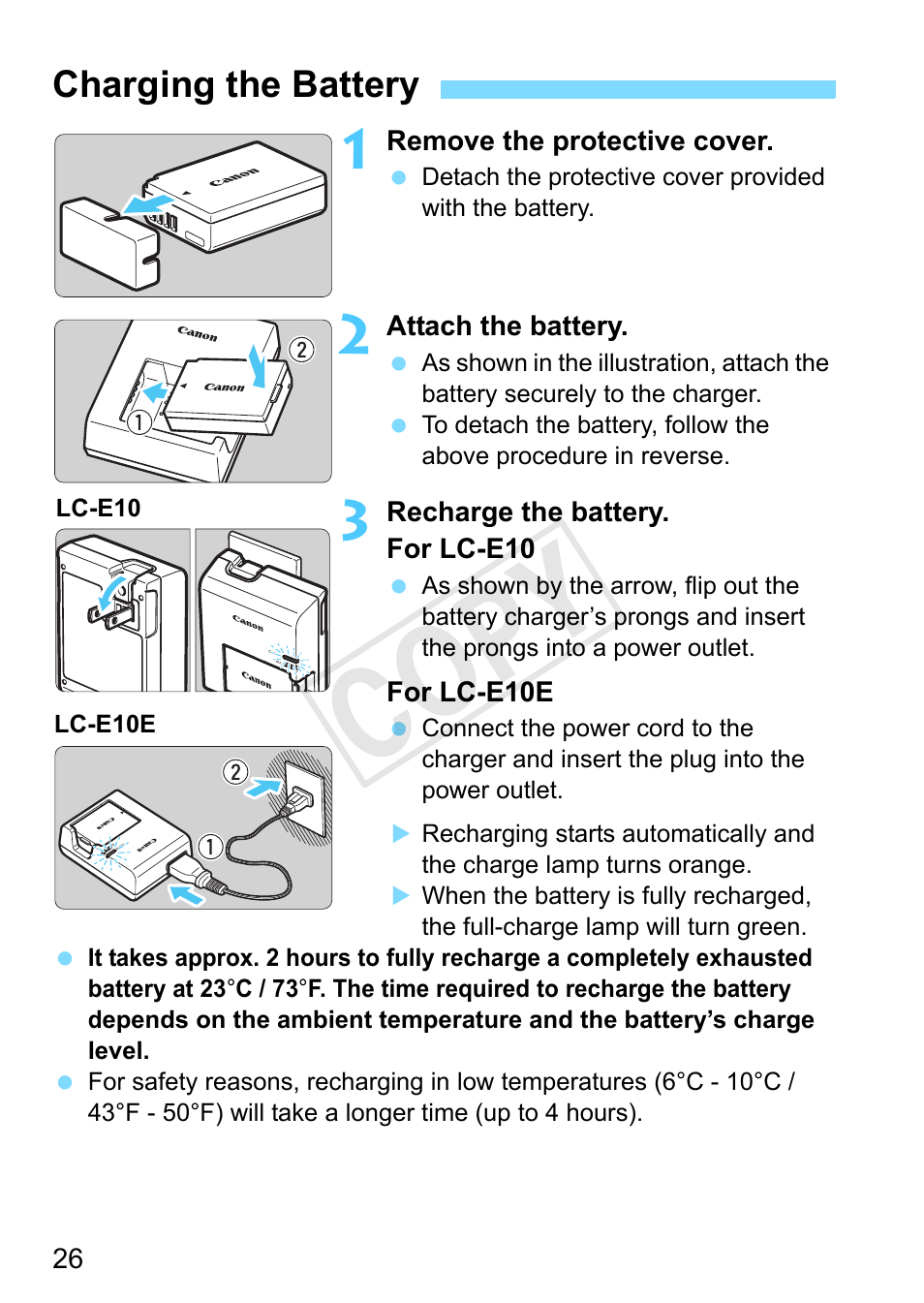 Charging the battery, P.26, Ge 26 | Cop y | Canon EOS Rebel T3 18-55mm IS II Lens Kit User Manual | Page 26 / 292