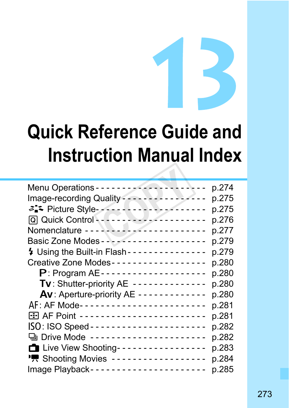 Quick reference guide and instruction manual index, Cop y | Canon EOS Rebel T3 18-55mm IS II Lens Kit User Manual | Page 273 / 292