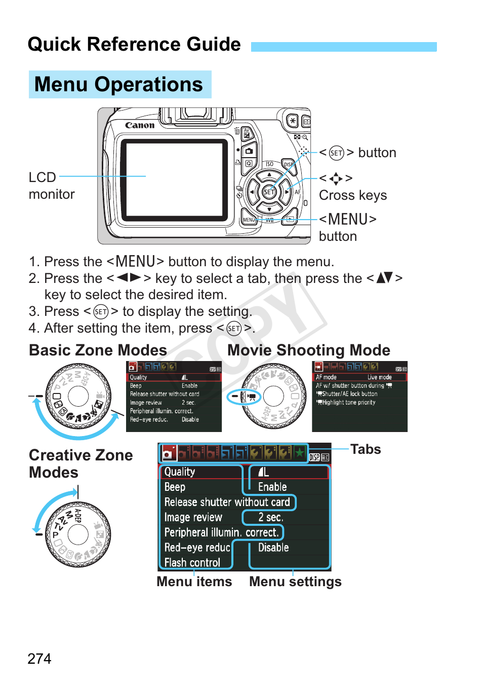 Quick reference guide, P.274, Cop y | Menu operations | Canon EOS Rebel T3 18-55mm IS II Lens Kit User Manual | Page 274 / 292