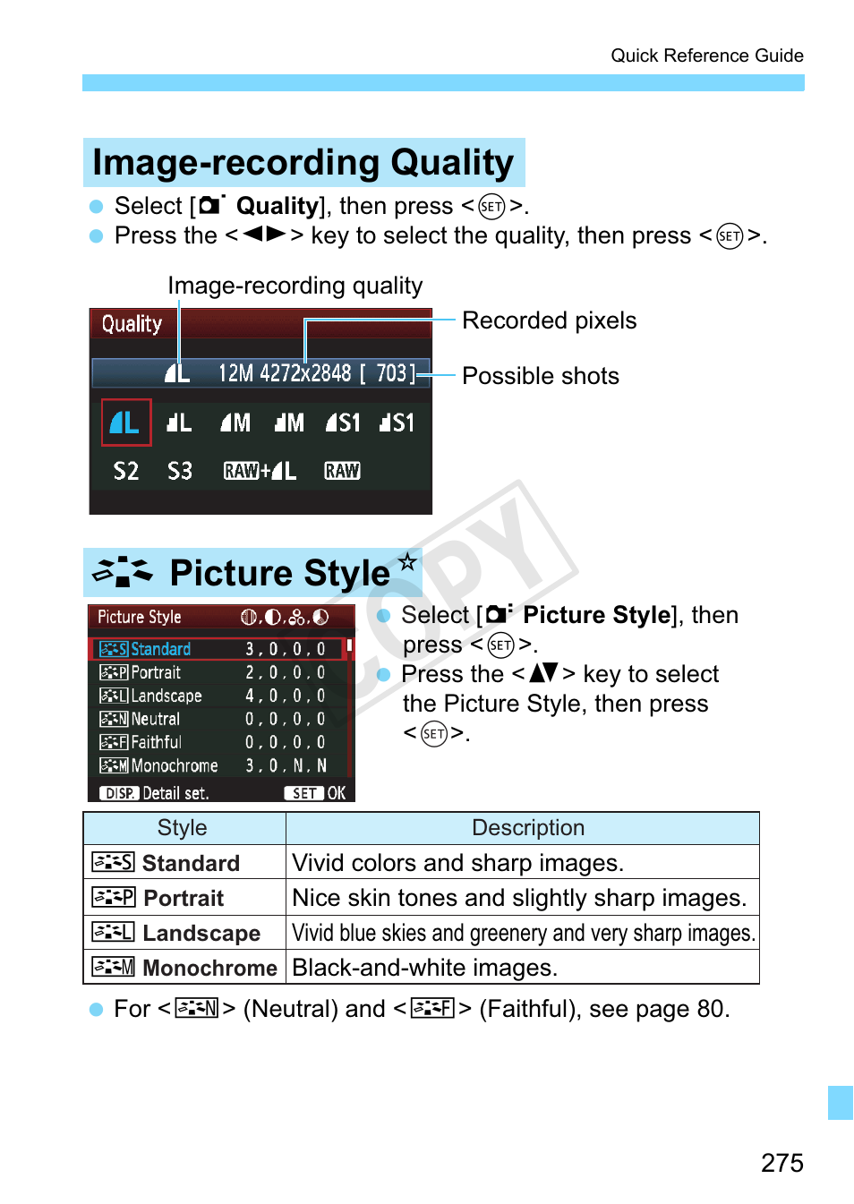 P.275, Cop y, A picture style n image-recording quality | Canon EOS Rebel T3 18-55mm IS II Lens Kit User Manual | Page 275 / 292