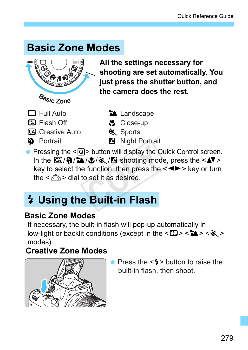 P.279, Cop y, Basic zone modes | D using the built-in flash | Canon EOS Rebel T3 18-55mm IS II Lens Kit User Manual | Page 279 / 292