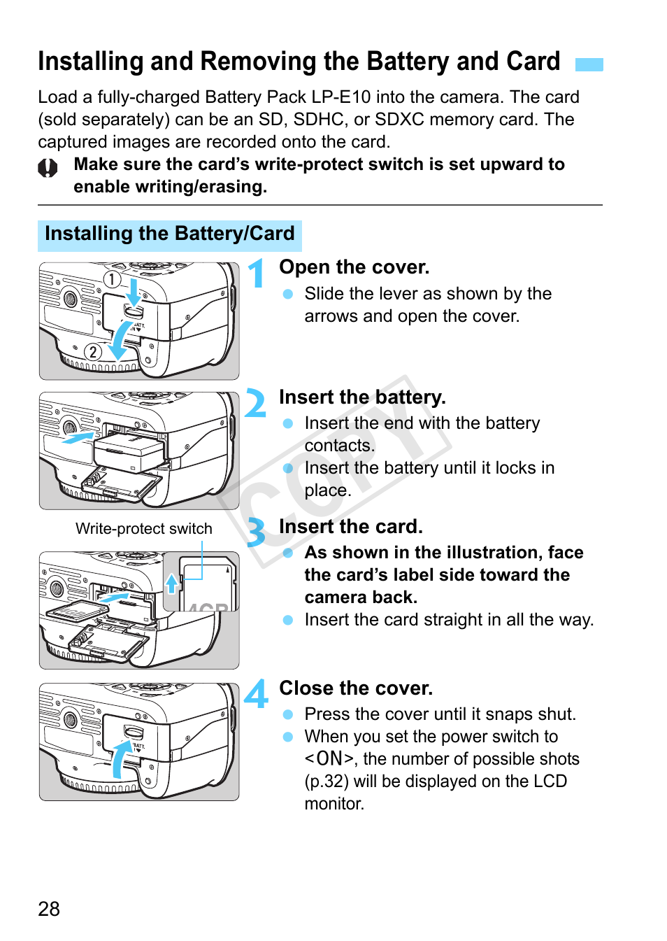 Installing and removing the battery and card, P.28, P.28) | Cop y | Canon EOS Rebel T3 18-55mm IS II Lens Kit User Manual | Page 28 / 292