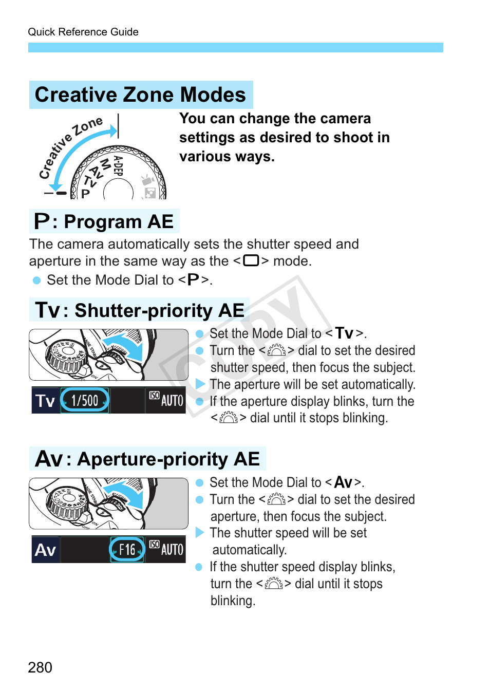 P.280, Cop y, Creative zone modes | Canon EOS Rebel T3 18-55mm IS II Lens Kit User Manual | Page 280 / 292