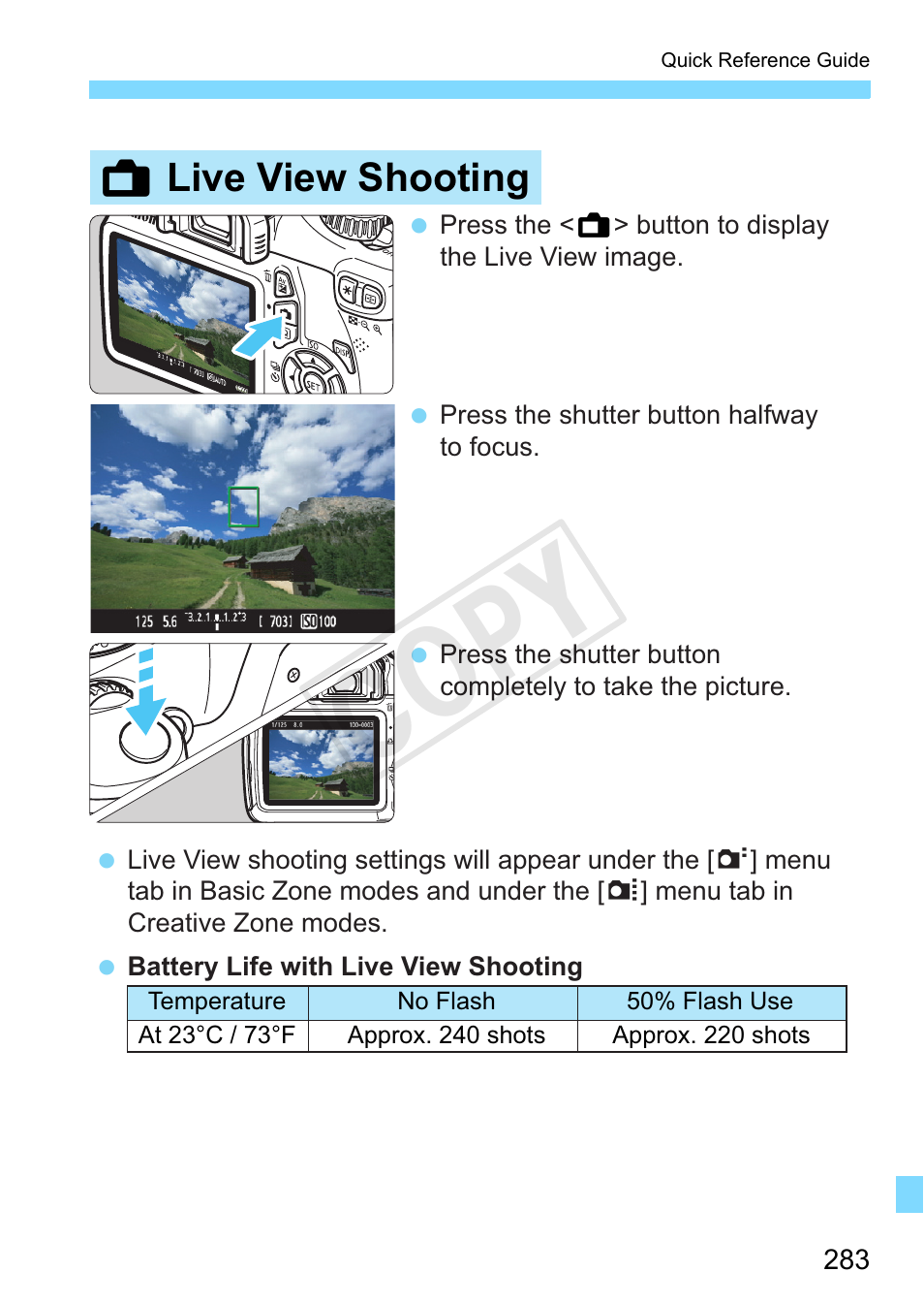 P.283, Cop y, A live view shooting | Canon EOS Rebel T3 18-55mm IS II Lens Kit User Manual | Page 283 / 292