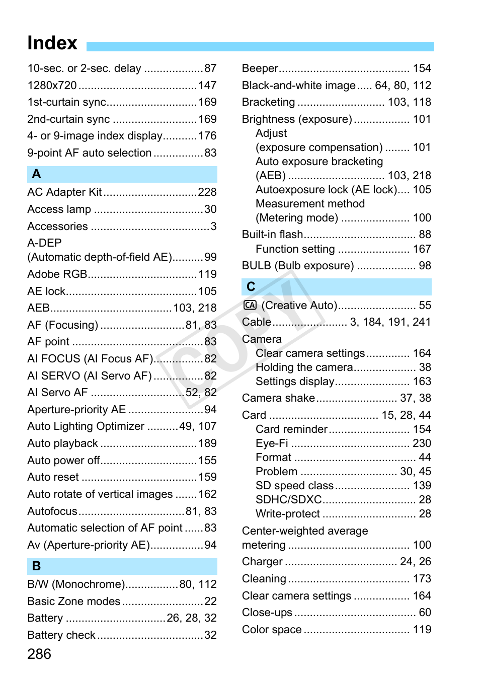 Index, C op y | Canon EOS Rebel T3 18-55mm IS II Lens Kit User Manual | Page 286 / 292