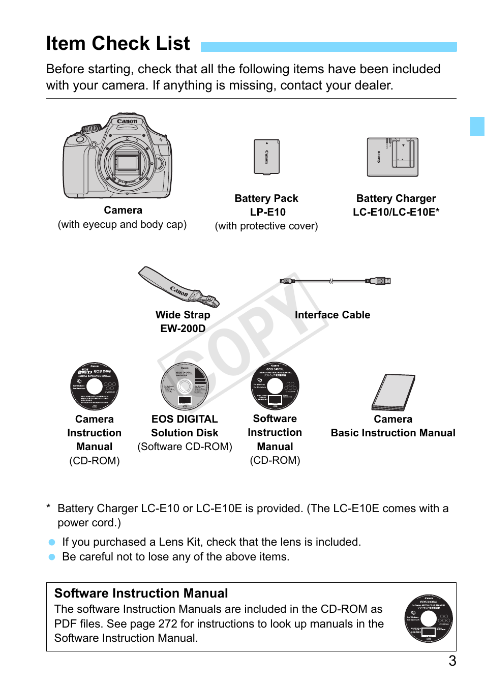 Item check list, Cop y | Canon EOS Rebel T3 18-55mm IS II Lens Kit User Manual | Page 3 / 292