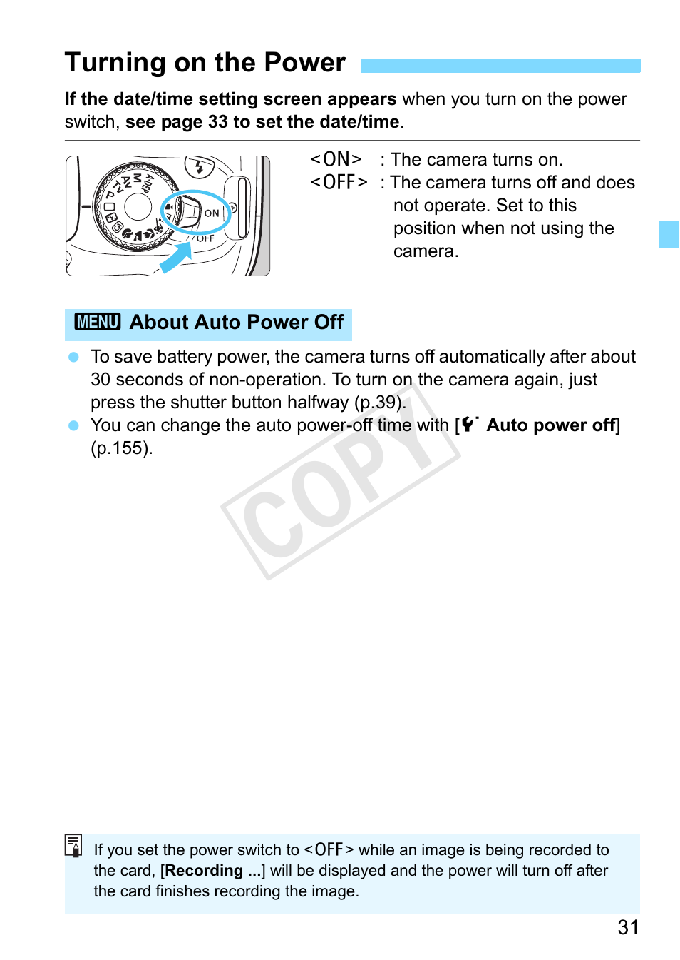 Turning on the power, P.31, P.31) | Cop y | Canon EOS Rebel T3 18-55mm IS II Lens Kit User Manual | Page 31 / 292
