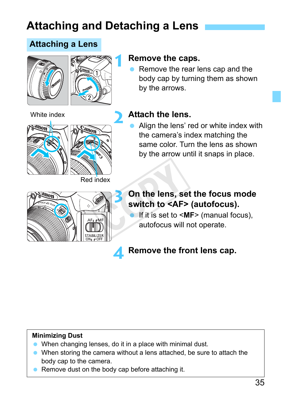 Attaching and detaching a lens, P.35, P.35) | Cop y | Canon EOS Rebel T3 18-55mm IS II Lens Kit User Manual | Page 35 / 292