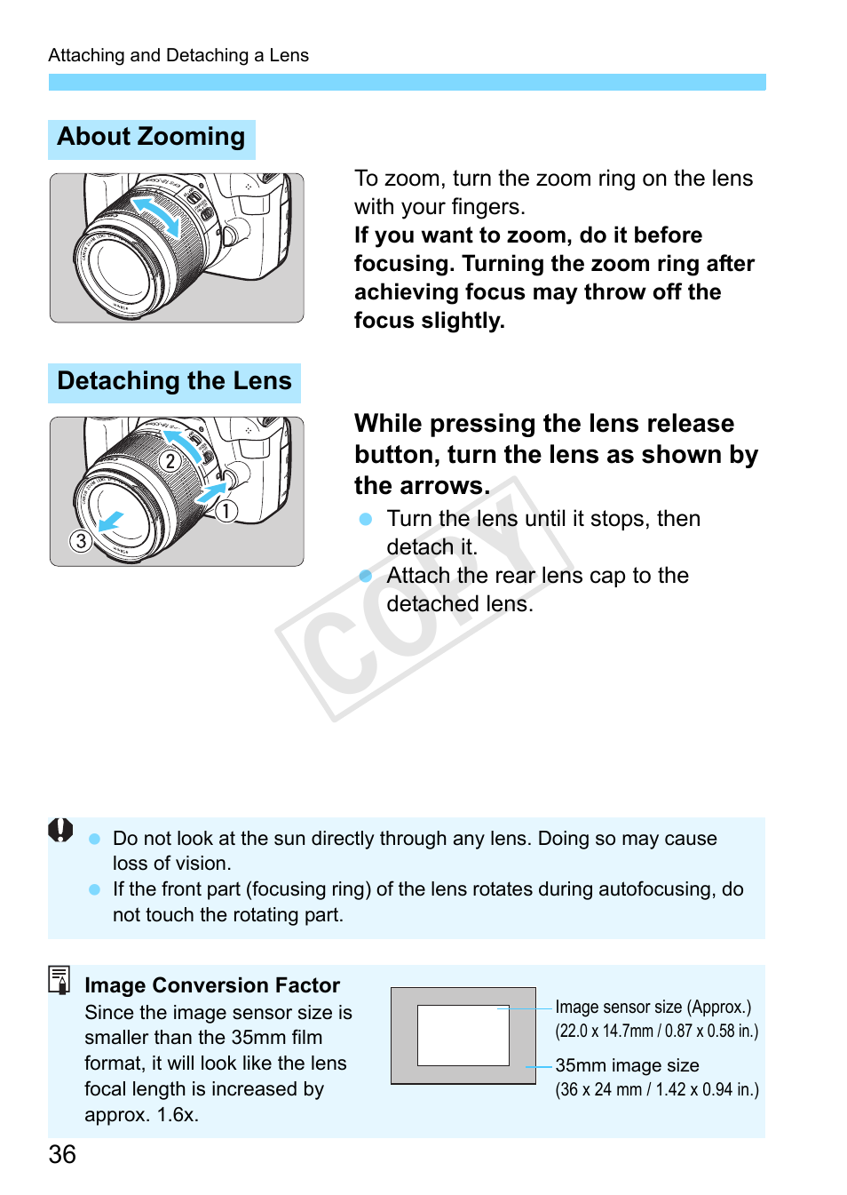 P.36, P.36), Zoom position index (p.36) | Cop y | Canon EOS Rebel T3 18-55mm IS II Lens Kit User Manual | Page 36 / 292