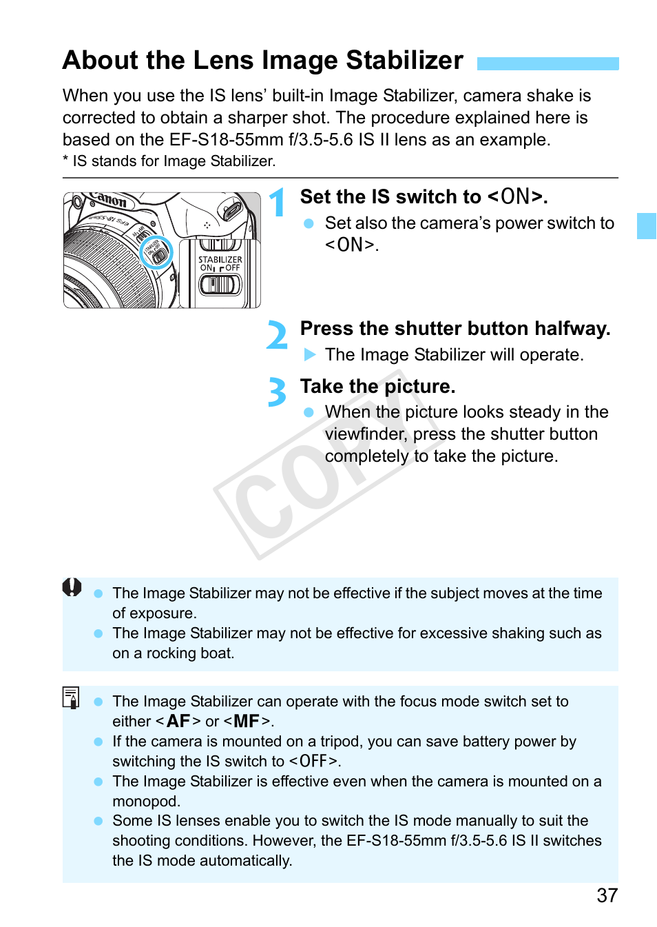 About the lens image stabilizer, P.37, P.37) | Cop y | Canon EOS Rebel T3 18-55mm IS II Lens Kit User Manual | Page 37 / 292