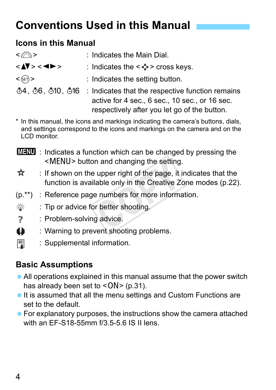 Conventions used in this manual, Cop y | Canon EOS Rebel T3 18-55mm IS II Lens Kit User Manual | Page 4 / 292