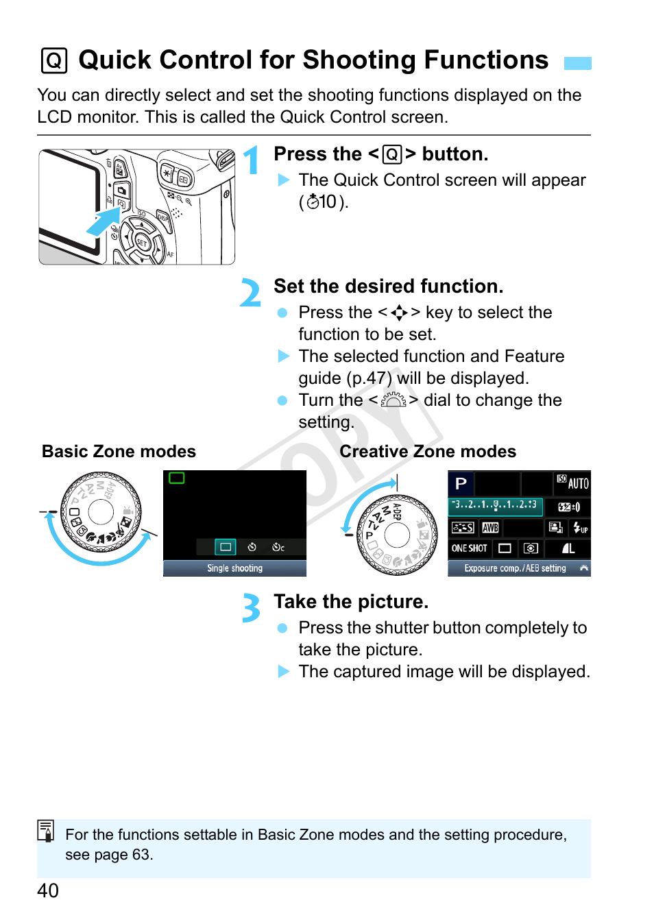 Quick control for shooting functions, P.40, Q quick control for shooting functions | Direct print button (p.40/207), P.40,63), Cop y | Canon EOS Rebel T3 18-55mm IS II Lens Kit User Manual | Page 40 / 292