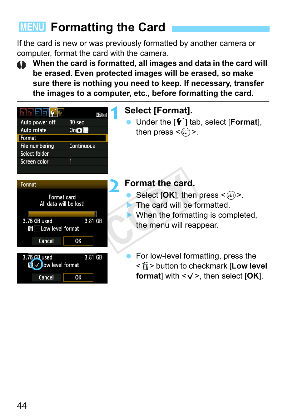 Formatting the card, P.44, Cop y | Canon EOS Rebel T3 18-55mm IS II Lens Kit User Manual | Page 44 / 292