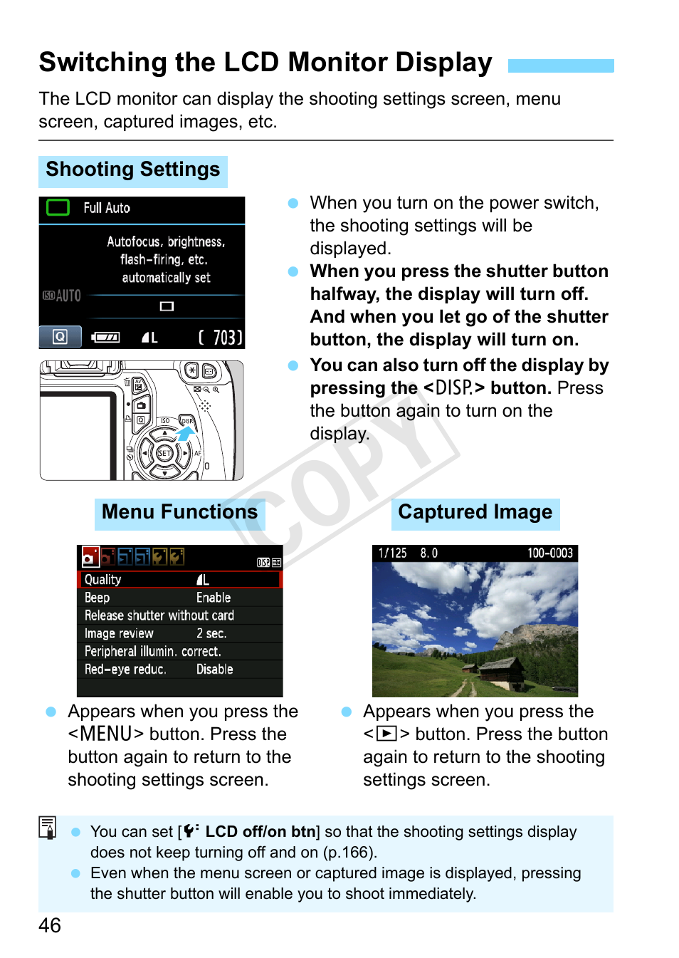 Switching the lcd monitor display, P.46,70,124,142,163), Cop y | Canon EOS Rebel T3 18-55mm IS II Lens Kit User Manual | Page 46 / 292