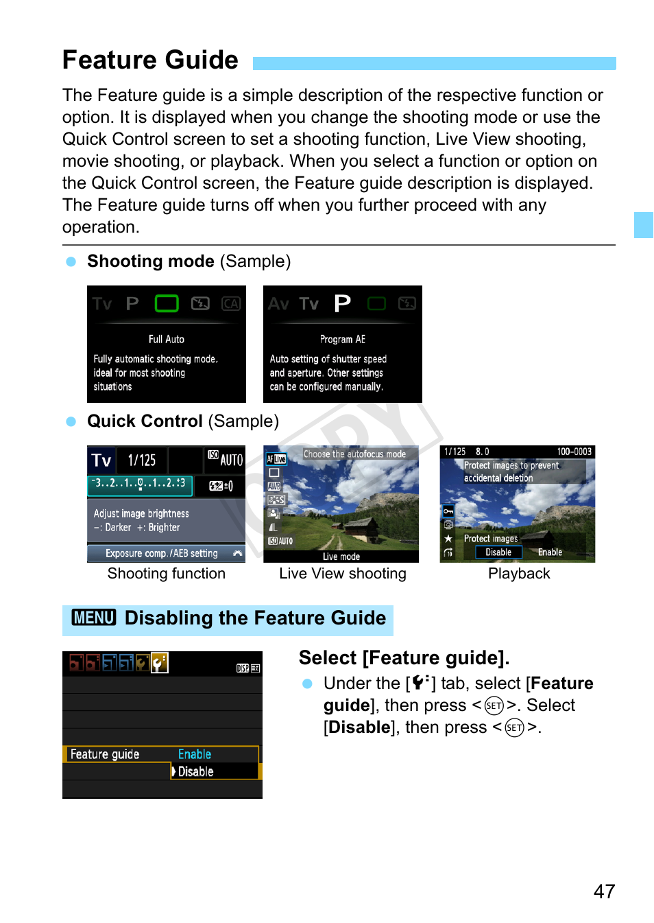 Feature guide, P.47, Cop y | Canon EOS Rebel T3 18-55mm IS II Lens Kit User Manual | Page 47 / 292