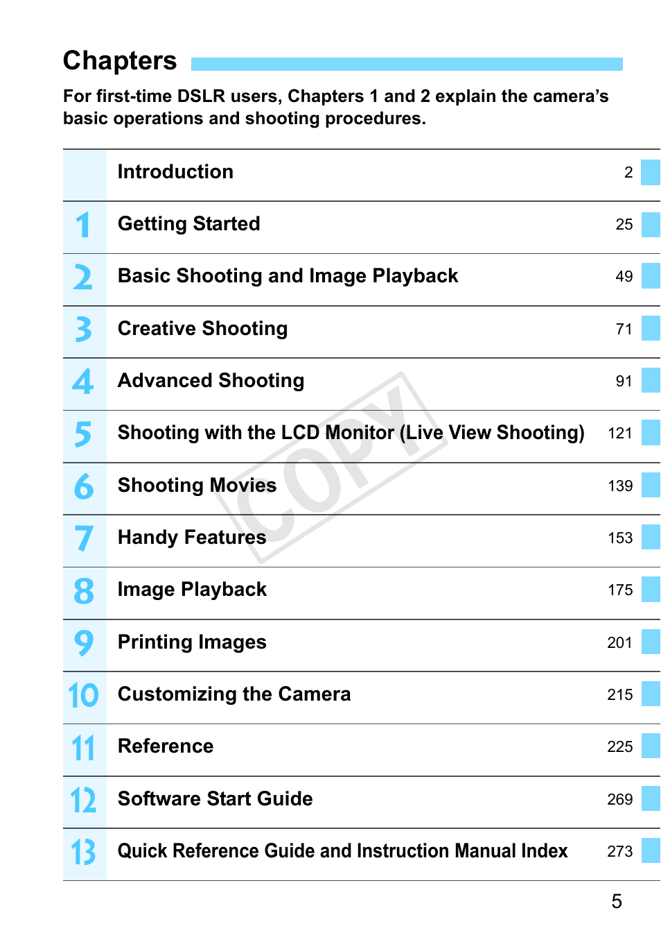 Chapters, Cop y | Canon EOS Rebel T3 18-55mm IS II Lens Kit User Manual | Page 5 / 292