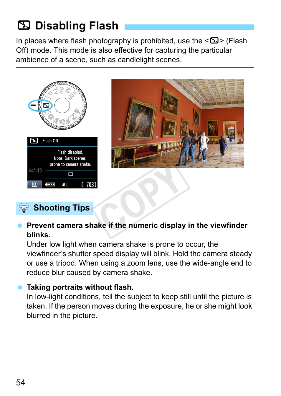 Disabling flash, P.54, 7 disabling flash | P.54), Cop y | Canon EOS Rebel T3 18-55mm IS II Lens Kit User Manual | Page 54 / 292