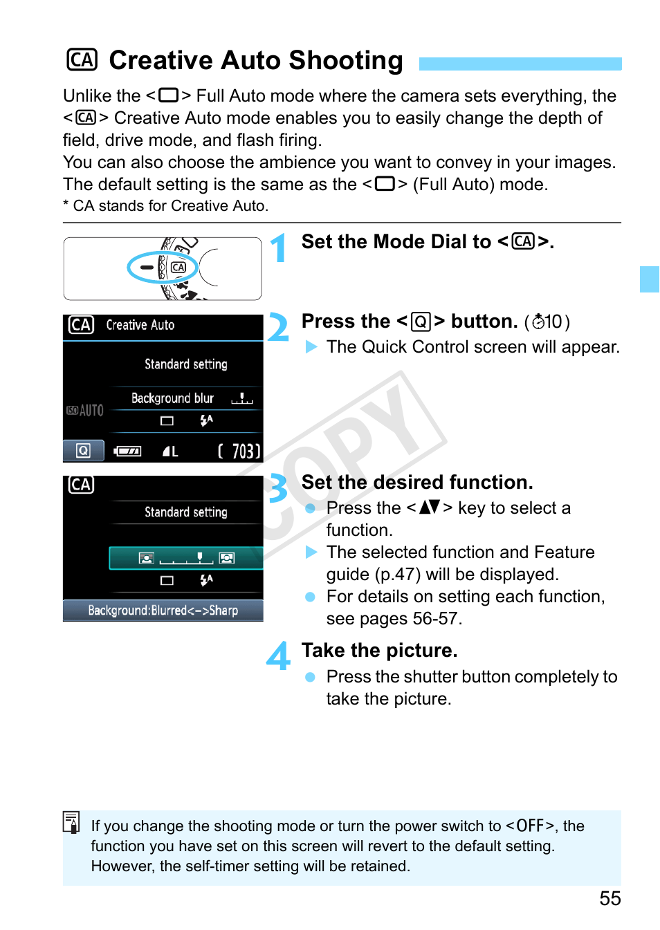 Creative auto shooting, P.55, C creative auto shooting | P.55), Cop y | Canon EOS Rebel T3 18-55mm IS II Lens Kit User Manual | Page 55 / 292