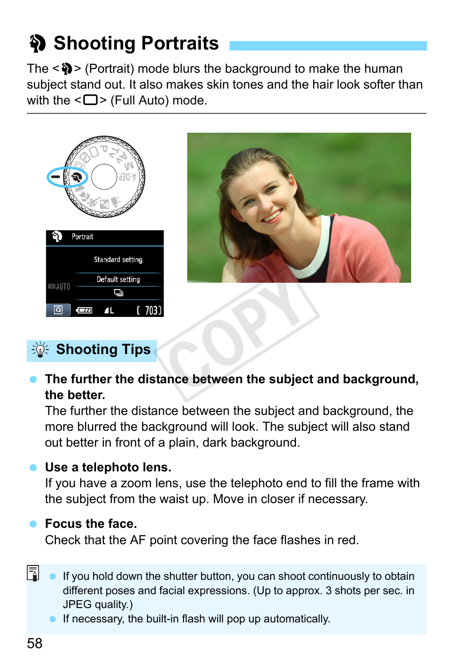 Shooting portraits, 2 shooting portraits, Portrait (p.58) | Cop y | Canon EOS Rebel T3 18-55mm IS II Lens Kit User Manual | Page 58 / 292