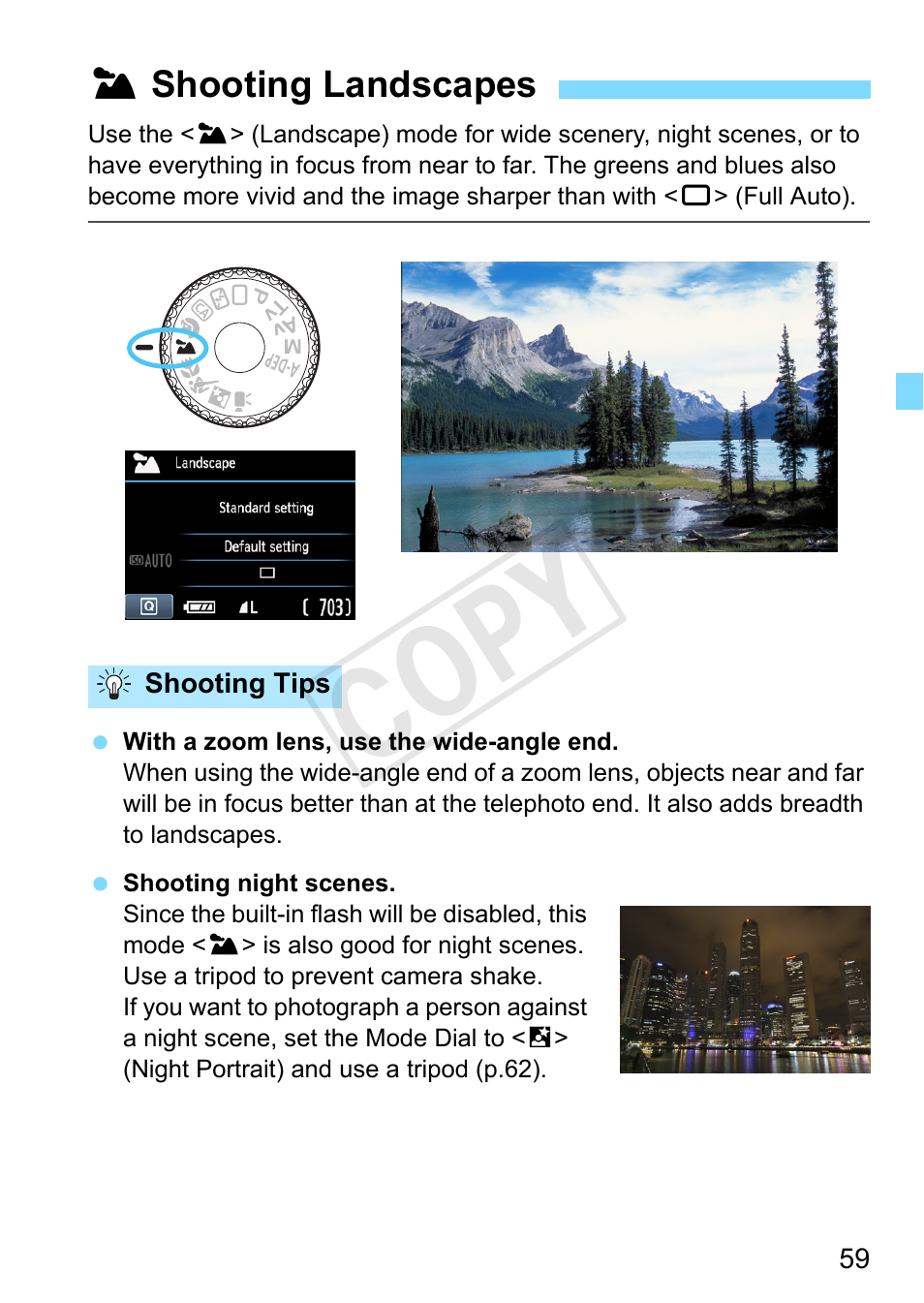 Shooting landscapes, 3 shooting landscapes, Landscape (p.59) | Cop y | Canon EOS Rebel T3 18-55mm IS II Lens Kit User Manual | Page 59 / 292
