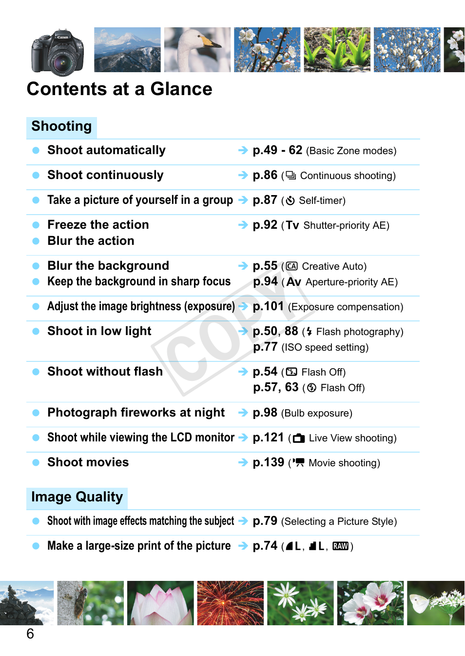 Contents at a glance, C op y | Canon EOS Rebel T3 18-55mm IS II Lens Kit User Manual | Page 6 / 292