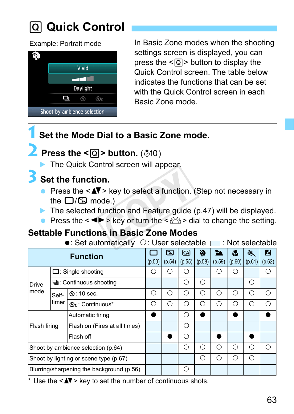Quick control, Q quick control, Cop y | Set the mode dial to a basic zone mode, Press the < q > button, Set the function, Settable functions in basic zone modes | Canon EOS Rebel T3 18-55mm IS II Lens Kit User Manual | Page 63 / 292