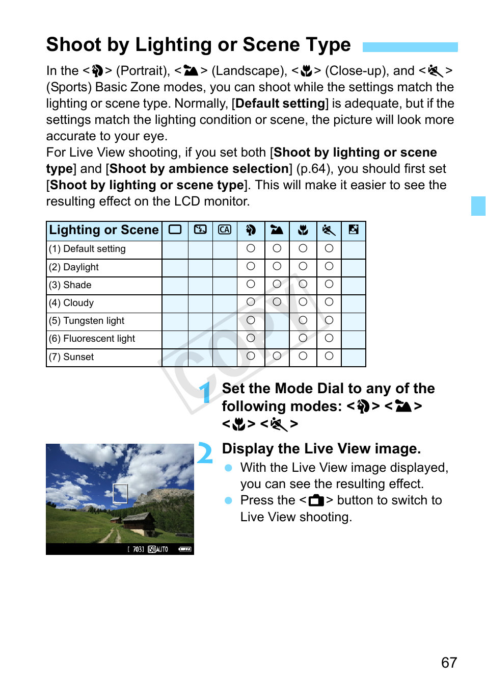 Shoot by lighting or scene type, Shoot by lighting or scene type (p.67), Cop y | Canon EOS Rebel T3 18-55mm IS II Lens Kit User Manual | Page 67 / 292