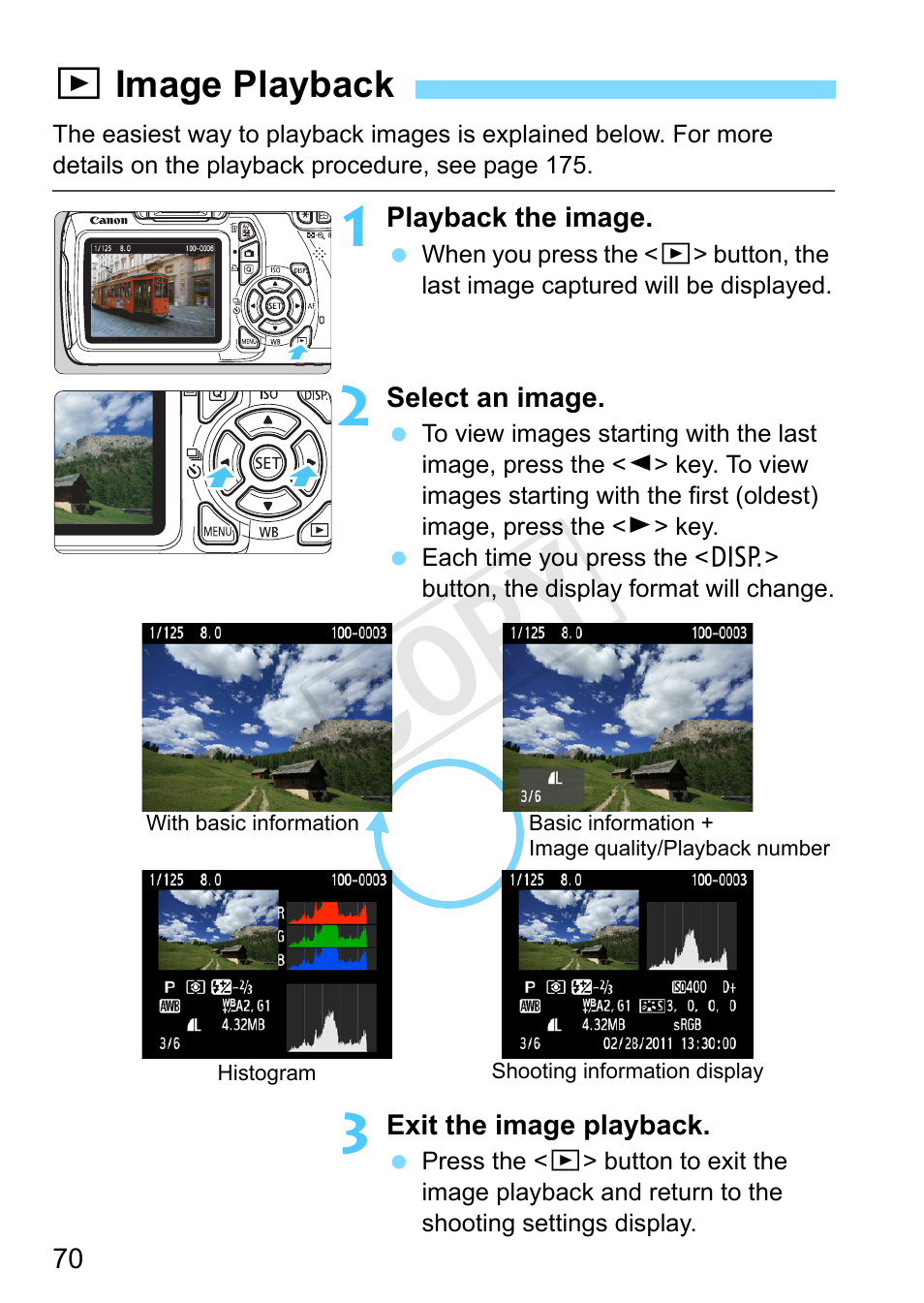 Image playback, P.70, Button (p.70) | See “image playback” (p.70), P.70), Cop y | Canon EOS Rebel T3 18-55mm IS II Lens Kit User Manual | Page 70 / 292