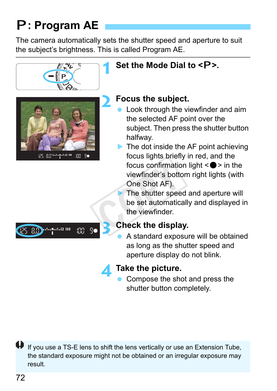 Program ae, P.72, Program ae (p.72) | Cop y | Canon EOS Rebel T3 18-55mm IS II Lens Kit User Manual | Page 72 / 292