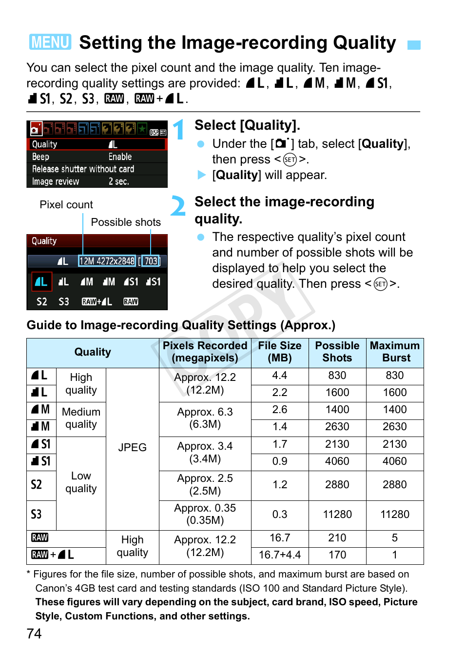 Setting the image-recording quality, P.74, P.74) | Cop y, 3setting the image-recording quality, Select [quality, Select the image-recording quality | Canon EOS Rebel T3 18-55mm IS II Lens Kit User Manual | Page 74 / 292