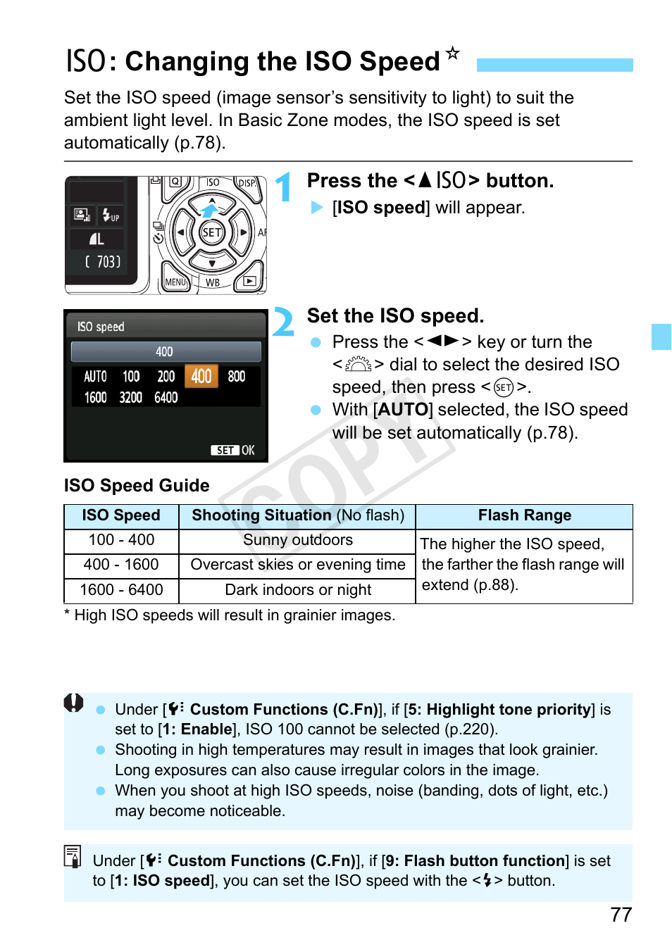 Changing the iso speed, P.77, Iso speed setting button (p.77) | P.77), Iso speed (p.77), Cop y, Z: changing the iso speed n | Canon EOS Rebel T3 18-55mm IS II Lens Kit User Manual | Page 77 / 292