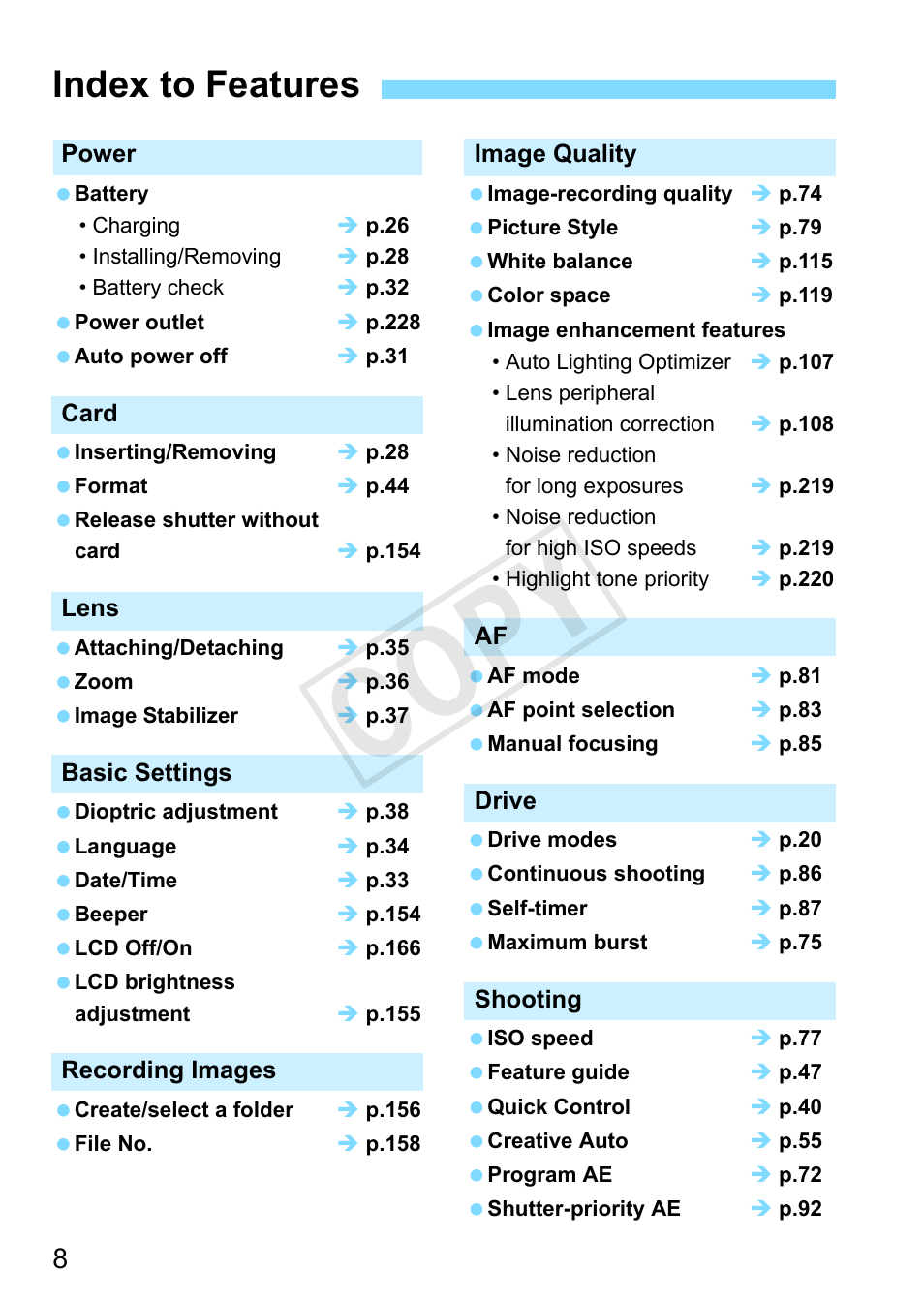 Index to features, C op y | Canon EOS Rebel T3 18-55mm IS II Lens Kit User Manual | Page 8 / 292