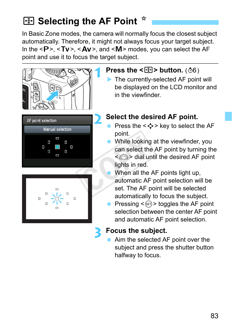 Selecting the af point, P.83, P.83/178,209) | Cop y | Canon EOS Rebel T3 18-55mm IS II Lens Kit User Manual | Page 83 / 292