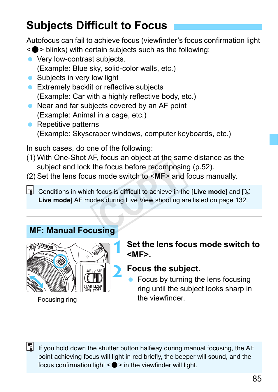 Subjects difficult to focus, P.85, Mf: manual focusing | Focusing ring (p.85,135), Cop y | Canon EOS Rebel T3 18-55mm IS II Lens Kit User Manual | Page 85 / 292