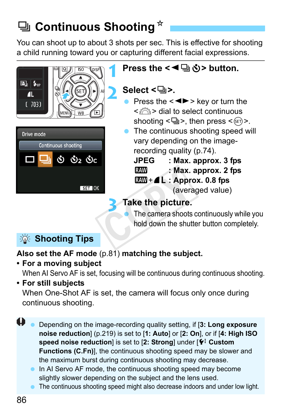 Continuous shooting, P.86, Drive mode selection button (p.86,87) | P.86,87), Drive mode (p.86, 87), Cop y, Icontinuous shooting n | Canon EOS Rebel T3 18-55mm IS II Lens Kit User Manual | Page 86 / 292