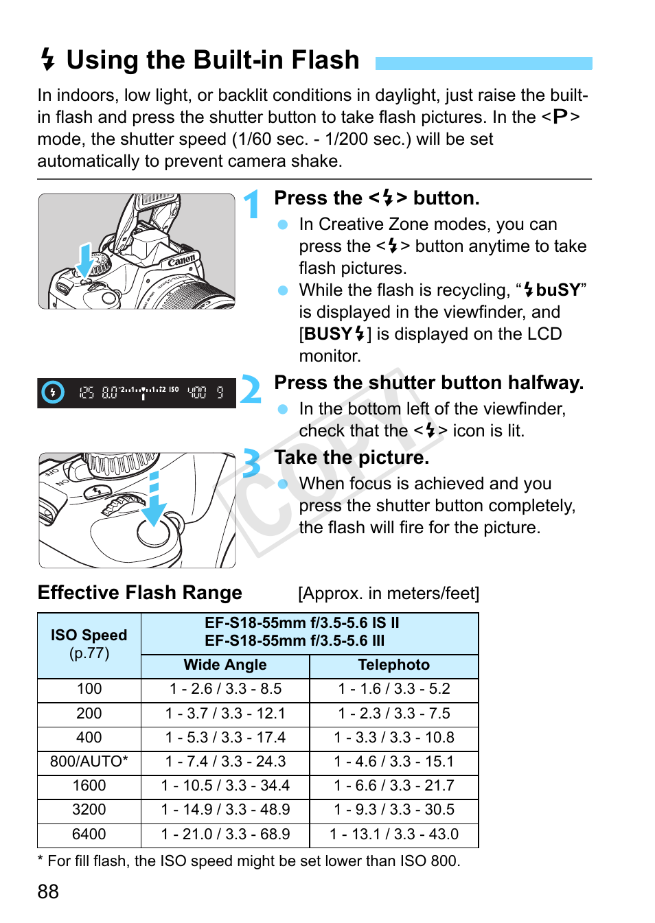 Using the built-in flash, P.88, Button (p.88) | P.88/84), Extend (p.88), Cop y, Dusing the built-in flash | Canon EOS Rebel T3 18-55mm IS II Lens Kit User Manual | Page 88 / 292