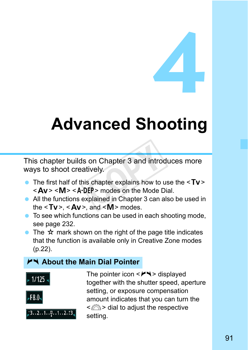 Advanced shooting, Main dial pointer (p.91), Cop y | Canon EOS Rebel T3 18-55mm IS II Lens Kit User Manual | Page 91 / 292