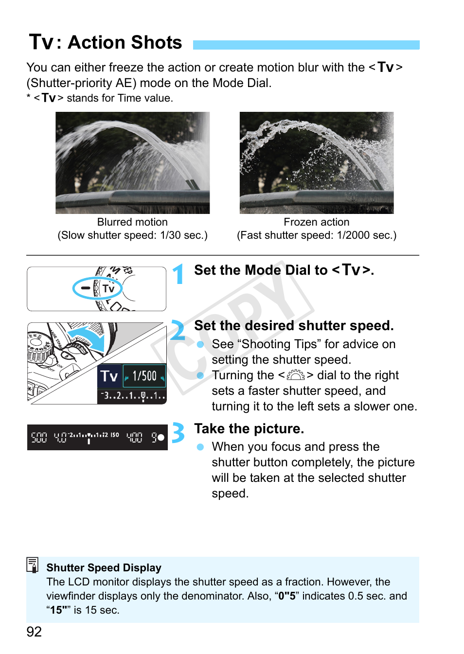 Action shots, P.92, Shutter-priority ae (p.92) | Cop y | Canon EOS Rebel T3 18-55mm IS II Lens Kit User Manual | Page 92 / 292